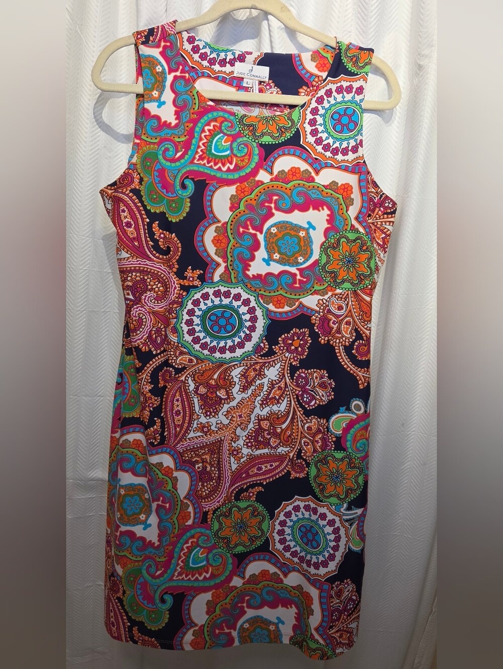 Jude Connally Navy Paisley Midi Dress with Bright Accents Made USA - Picture 2 of 6